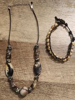 Natural Stone Bead Necklace and Bracelet Set - Beige Black